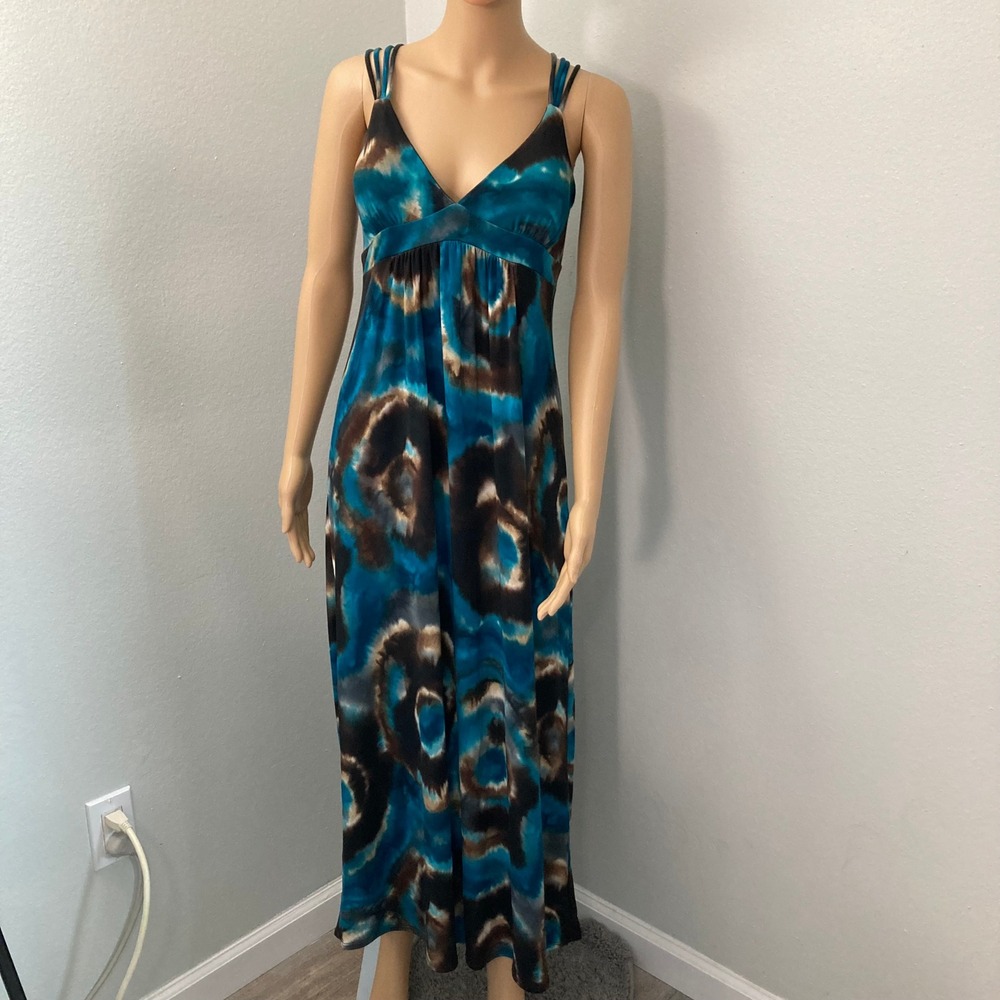 Charlotte Russe Blue Brown Abstract Tie Dye Maxi Dress Braided Back Womens Large